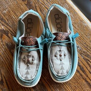 Hey Dude Women’s Teal Canvas Slip-On Moccasins with Brown Accents
